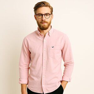 Hollister Men's Button Front Casual Long Sleeve Pink Shirt Size XL